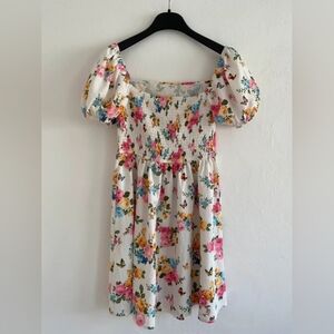 White Floral Smocked Puff Sleeve Mini Dress
